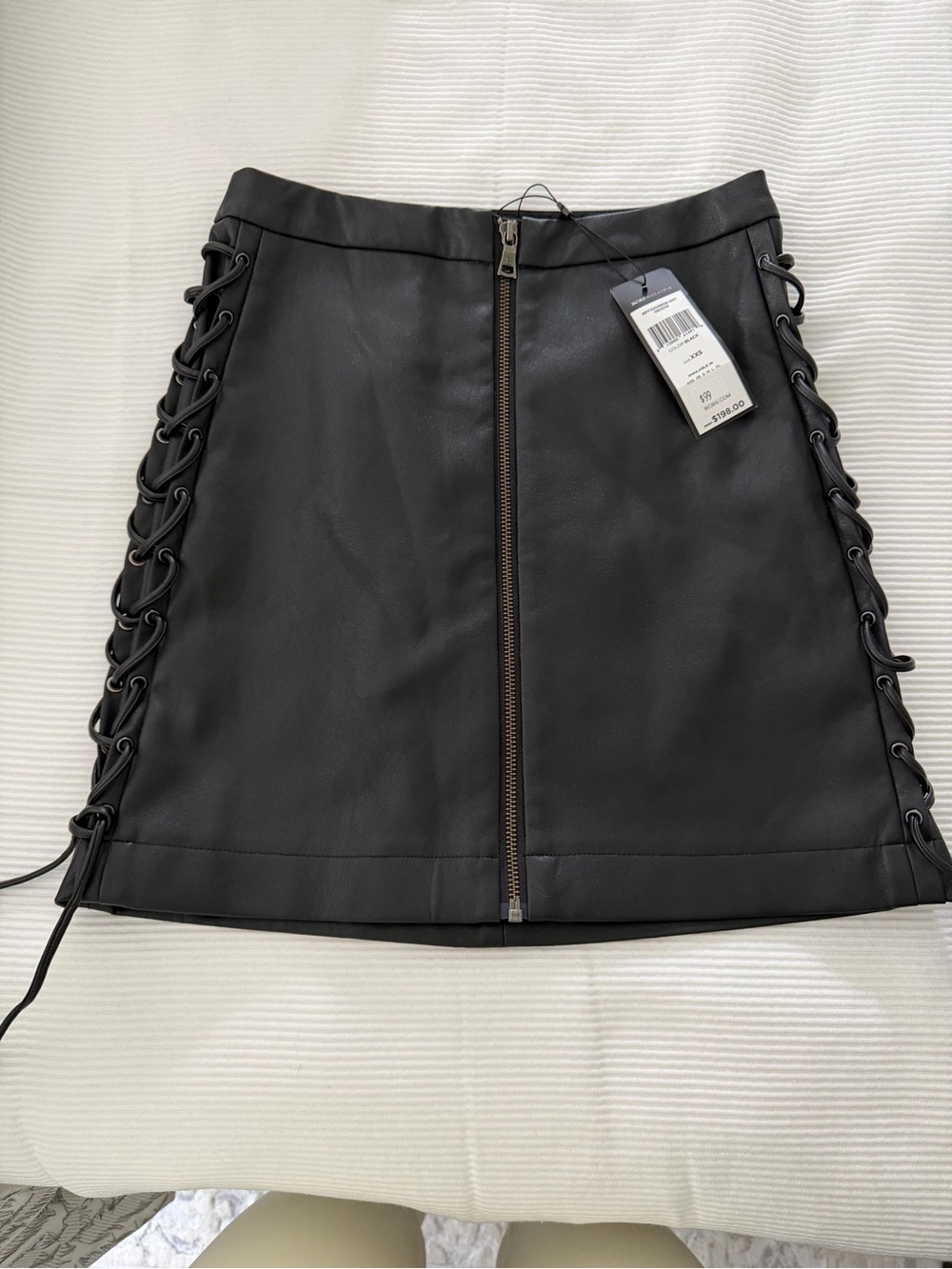 NWT Women's Black Leather Lace-Up Mini Skirt with Front Zip